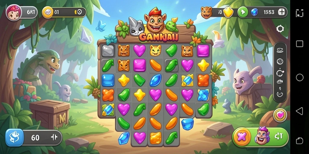Screenshot dari gameplay 6RT yang menampilkan aksi Match-3 yang seru.