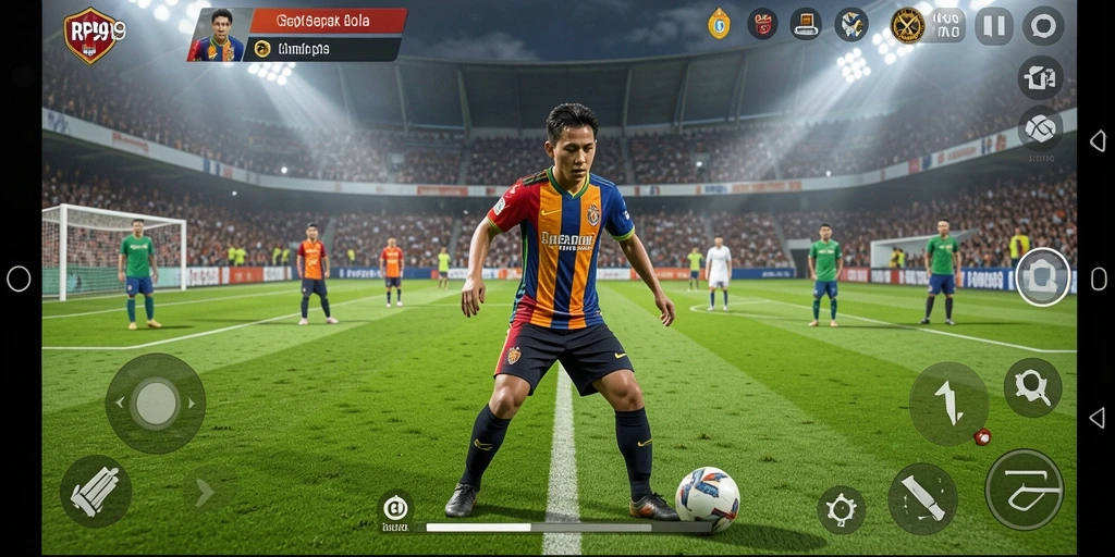 Screenshot RP99 menunjukkan aksi pertandingan sepak bola yang mendebarkan.