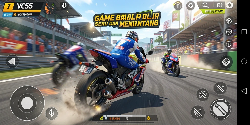 Tampilan gameplay VC55 dengan akselerasi motor yang cepat dan trek menantang.